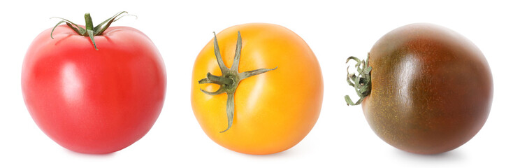 Fresh tomatoes of different colors isolated on white, set