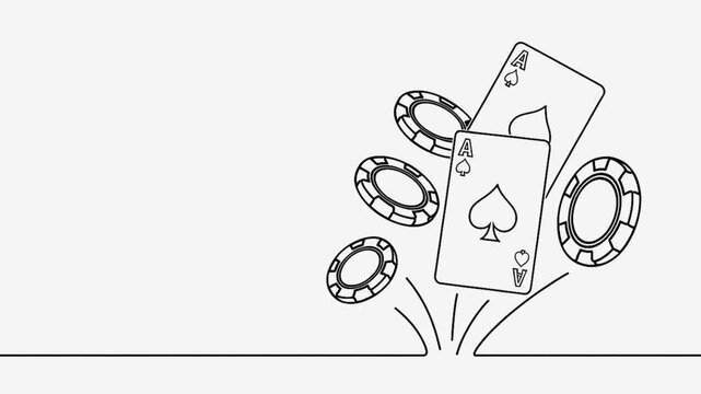 A minimalist black and white line drawing of playing cards and casino chips, gambling concept