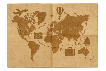Vintage map showing global travel routes, vacation planning with airplane, hot air balloon, camera, suitcase and sailboat symbols, transparent background