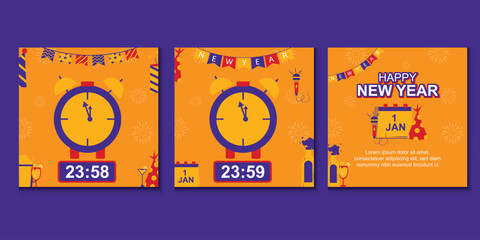 A set of three square social media templates for New Year 2026 countdown featuring alarm clocks, champagne, and festive decorations on an orange background.