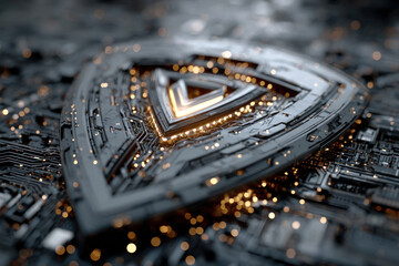 An abstract technological composition featuring a triangular shape embedded in a complex structure reminiscent of a circuit board or microchip.  