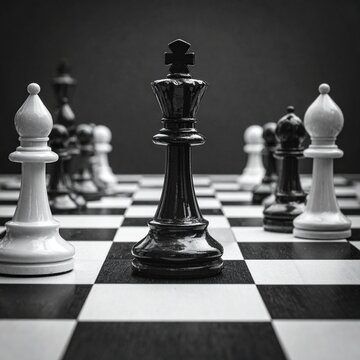 Chessboard Domination - A Strategic Black King Surrounded by Pieces in a Game.