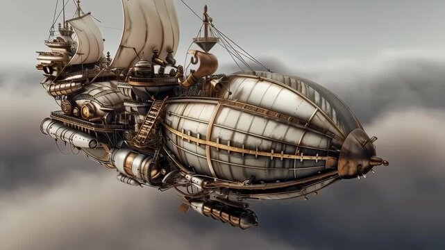 Steampunk airship combines brass mechanics and a fabric envelope in a retro industrial aesthetic. Intricate gears and wooden gondola suggest handcrafted engineering and vintage aviation. Neutral backg
