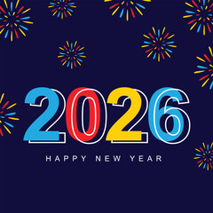 A vibrant dark blue social media banner featuring colorful 2026 typography and stylized fireworks, perfect for celebrating the arrival of the Happy New Year.