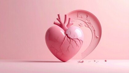 Stylized 3D render of a glossy pink anatomical human heart with cracked textures and broken elements on a soft pastel background.