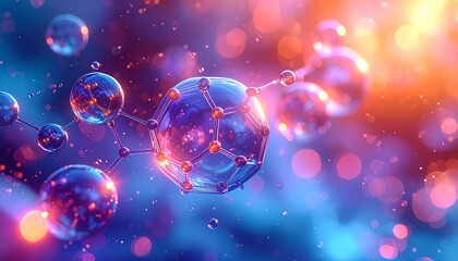 Abstract molecular structure with glowing particles in vibrant blue and orange. Futuristic science, chemistry, and technology concept.
