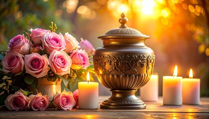 Pink roses, an elegant bronze urn, and flickering candles create a serene ambiance on a rustic wooden table with warm bokeh lighting.