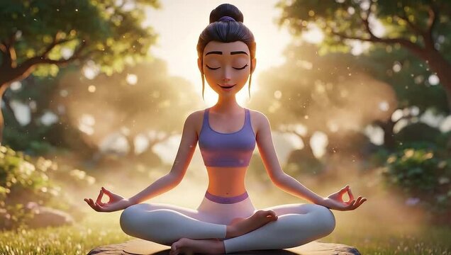 Peaceful cartoon woman meditating in lotus pose outdoors with golden light, yoga and mindfulness concept