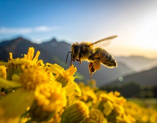 Close-up of a bee collecting pollen from a vibrant yellow flower with a mountain backdrop at sunset.