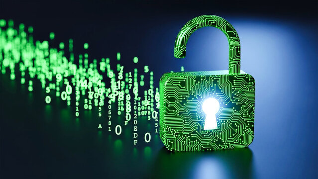 Digital security concept featuring an unlocked padlock with glowing circuit board texture and falling binary code stream
