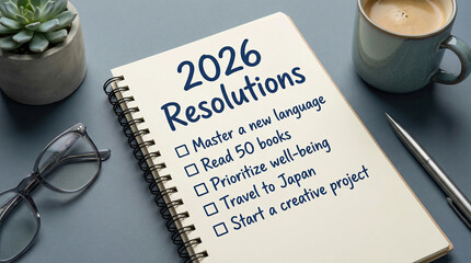 A notebook shows 2026 resolutions with tasks listed, created AI