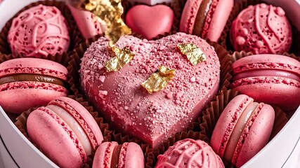 Delicious Pink Macarons and HeartShaped Chocolates in a Gift Box.