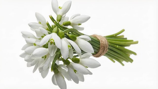 A close-up of a fresh bouquet of white snowdrop flowers tied with natural twine, placed against a clean white background. Represents spring, purity, and renewal.