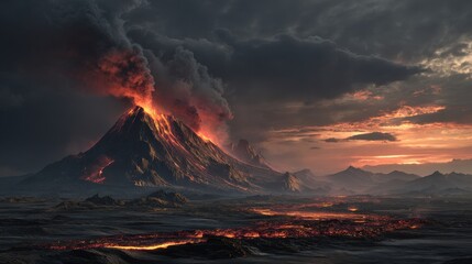 Fototapeta premium Dramatic Volcanic Eruption - Fiery Lava Illuminates Dark Landscape and Distant City Under Ashy Sky.
