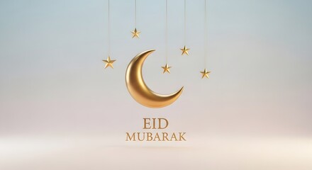 Elegant Minimalist 3D Scene Featuring a Golden Crescent Moon for Eid Celebration