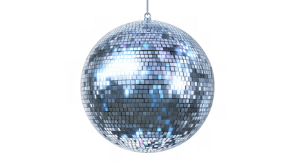 Decorative disco ball reflecting light in a white space, AI, PNG