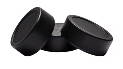 Three black pucks in a triangle on white, created AI, PNG