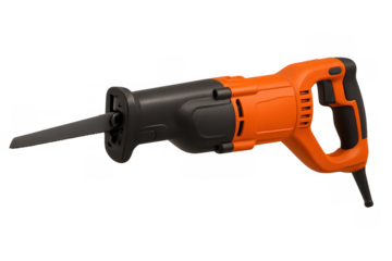 Reciprocating saw power tool for cutting, demolition, and construction work, featuring an orange and black design