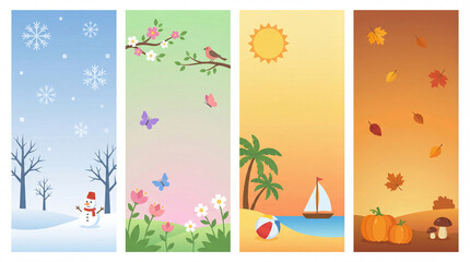 Vertical bookmark illustration set showing winter, spring, summer beach, and autumn forest scenes