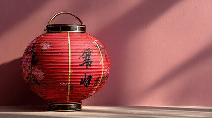 Fototapeta premium Beautiful red lantern adorned with floral designs stands against soft pink wall, evoking spirit of Chinese festival and charm of poem