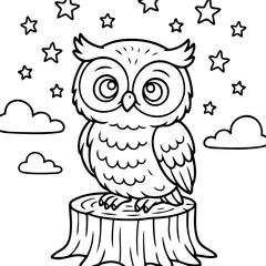 Fototapeta premium Owl in Starlight: A wise owl gazes upwards, surrounded by stars and clouds, perched atop a tree stump in a serene nighttime scene.