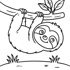 Obraz premium Smiling Sloth on Branch: An adorable illustration of a charming sloth clinging to a sturdy branch, showcasing its serene nature and gentle charm.