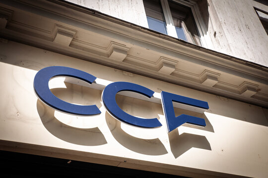 PARIS, FRANCE - JUNE 22, 2025: Close view of the CCF logo on a Paris branch, CCF, or credit commercial de france, is a french bank, formerly HSBC owned.