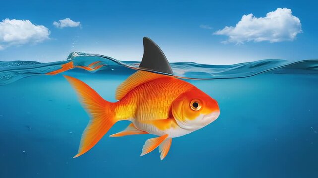 Goldfish swims near the water surface with a shark fin attached as a playful metaphor of confidence and disguise. Bright orange scales contrast with clear blue water and sky. Composition fits conceptu