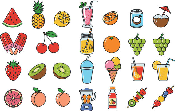 A collection of fresh, delicious and colorful fruit and drink icons that are perfect for summer days. These icons are in a cute, cartoonish style, making them eye-catching and fun.