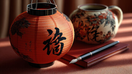 Handcrafted new year lantern adds festive touch to any celebration alongside traditional teapot and elegant pen