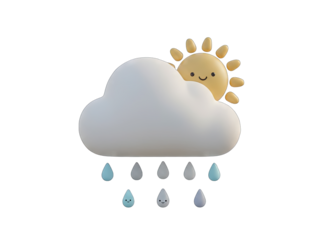 Cute 3D rendered sun peeking from a fluffy white cloud while it rains teardrop shaped raindrops against a black background symbolizing changeable weather and precipitation.