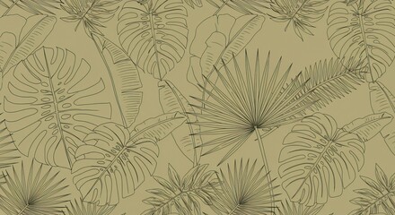 Seamless pattern of tropical leaves and flowers on a muted background from an aerial viewpoint