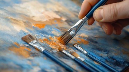 Close-up of artist hand with paintbrush on canvas, painting concept and creative process detailed imagery for artistic endeavors