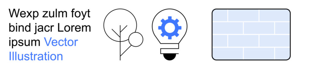Innovation, creativity, strategy, conceptual development, sustainability, construction. A lightbulb with a gear, an abstract tree and a brick wall. Innovation and creativity © robu_s