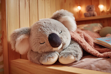 Soft koala toy lies on bed with blanket in cozy room at night, surrounded by warm light and more plush toys