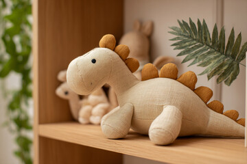 Soft dinosaur toy resting on a wooden shelf with other plush animals in a bright room