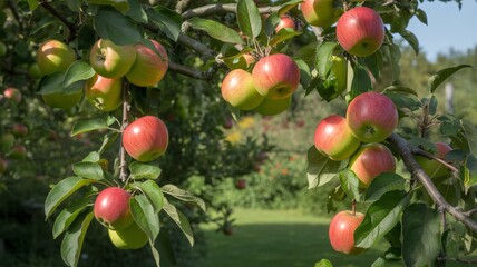 Obraz premium Ripe apples hanging from lush tree branches in orchard