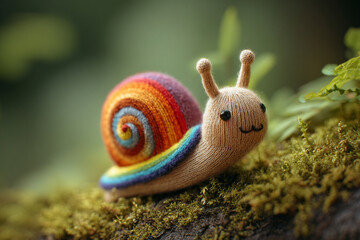 Brightly colored knitted snail sits on mossy ground surrounded by green plants during daytime
