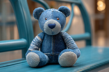 Soft teddy bear made of denim sits on a blue bench inside a building in daylight