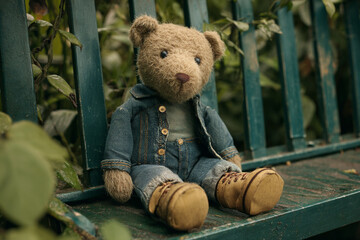 Teddy bear sits on a green bench in a garden surrounded by plants during daylight hours