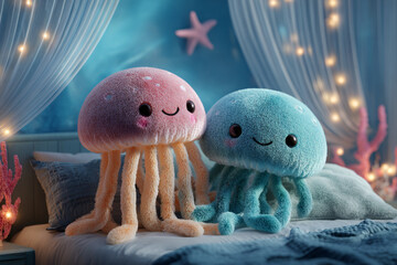 Plush jellyfish toys sit on a bed in a room decorated with soft colors and fairy lights during the evening