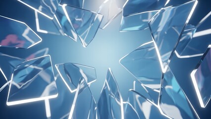 Shattered glass fragments radiating from a bright blue center