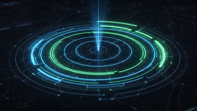 Futuristic neon blue and green concentric circles with glowing beam - Powered by Adobe