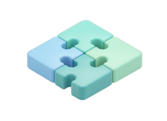 Four Pastel Blue and Green Interlocking Puzzle Pieces Assembled in Square Formation with Soft Glossy Highlights and Subtle Ambient Occlusion on Transparent Background