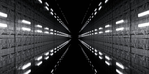 Futuristic corridor with glowing lights and reflections