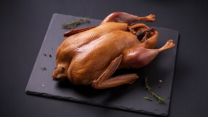 Roasted duck on slate board with herbs and spices