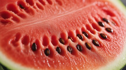 Vibrant watermelon slice with juicy red pulp and black seeds