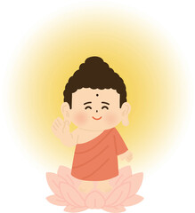 Cute baby Buddha standing on a lotus flower with a smiling gesture
