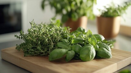 Fresh Herbs on Wooden Cutting Board, Healthy Eating Concept, Close-Up