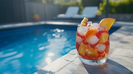 Refreshing peach cocktail by the pool, evoking summer relaxation and vacation vibes, perfect for enjoying a sunny day